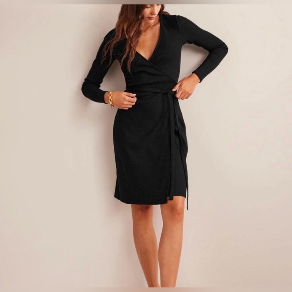 Boden Black Long Sleeve Jersey Wrap Dress - 4P
